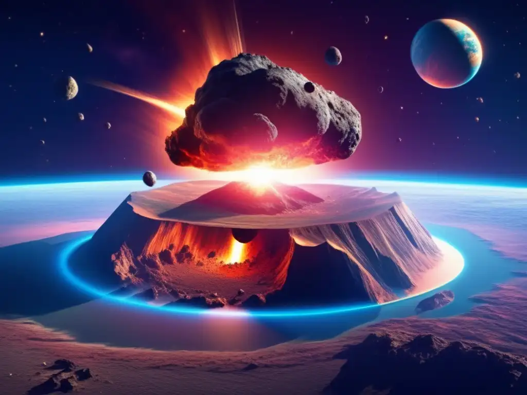 Asteroide impactando la Tierra Impacto de asteroides en la Tierra: colores vibrantes contrastan con el asteroide oscuro y su impacto crea un cráter masivo