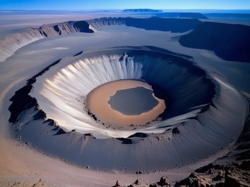 Cráter gigante en paisaje desolado Impacto asteroides en tierra: cráteres en paisaje desolado, con cielo azul y montañas misteriosas