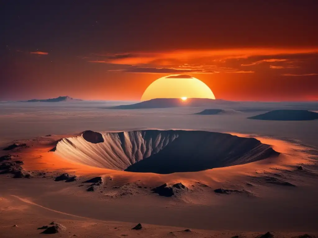 Paisaje desolado con cráter y científicos Impacto asteroides en tierra: cráteres, paisaje desolado con científicos y atardecer impactante