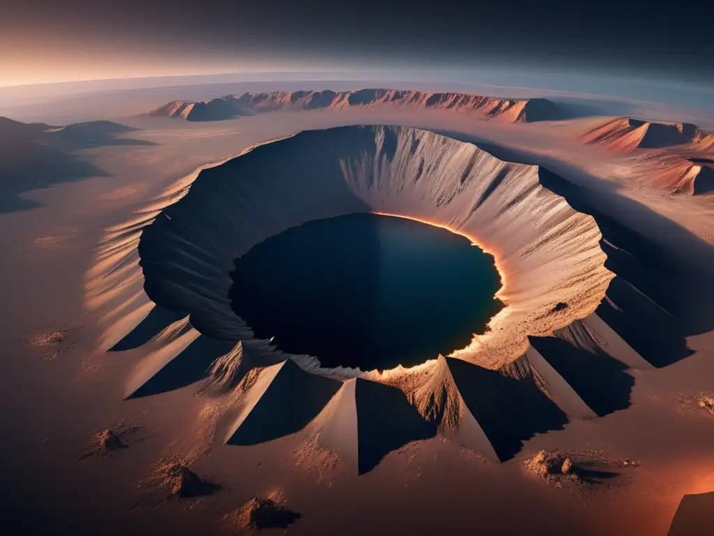 Cráter impactante en la Tierra Impacto asteroides en tierra: cráteres 8k ultra detallados, vista aérea con terreno rugged y oscuro, destacando la fuerza destructiva