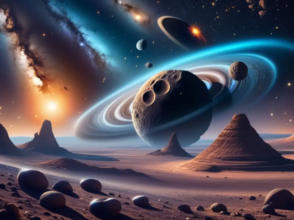 Danza cósmica: asteroides troyanos Impacto asteroides en la Tierra: Danza cósmica con asteroides, estrellas y galaxias, creando un espectáculo cautivador