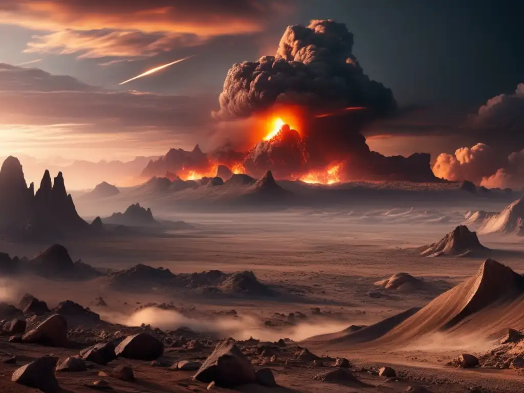 Desolación después de impacto cósmico Impacto de los asteroides en la tierra: Desolado paisaje postapocalíptico tras catastrófico impacto cósmico