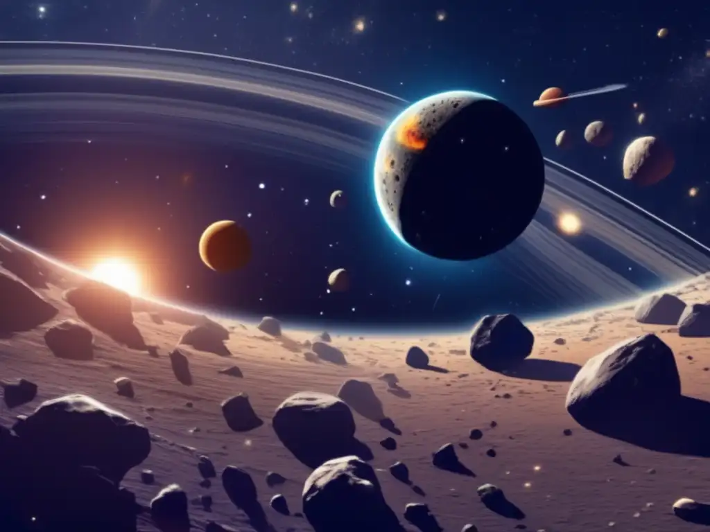 Asteroide Belt: Detalles y belleza cósmica Impacto asteroides en la tierra: detallada imagen del cinturón de asteroides, con variedad de tamaños y formas, en el espacio profundo