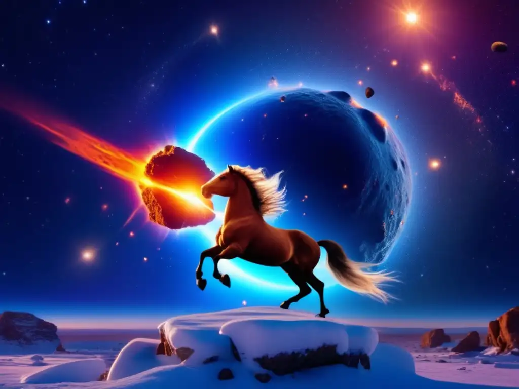 Colisión celestial con Centauro y asteroide Impacto de asteroides en la tierra: escena impresionante de colisión celestial con Centauro y asteroide, colores vibrantes y detalles fascinantes