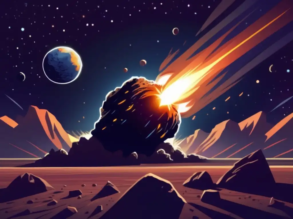 Asteroide amenazante hacia la Tierra Impacto de asteroides en la tierra: escena impresionante con asteroides, cielo estrellado y la Tierra en peligro