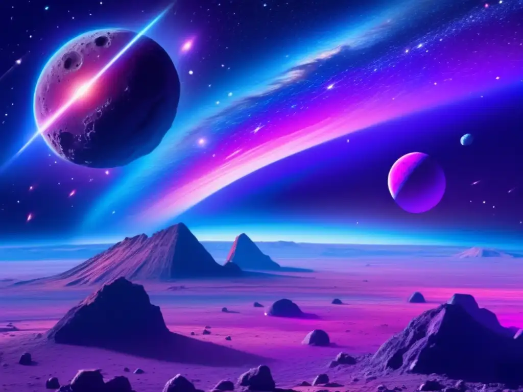 Asteroid mining: Futuristic infrastructure and rich resources Impacto de asteroides en la tierra: Escena detallada de asteroides minados en el espacio, mostrando su potencial y desafíos