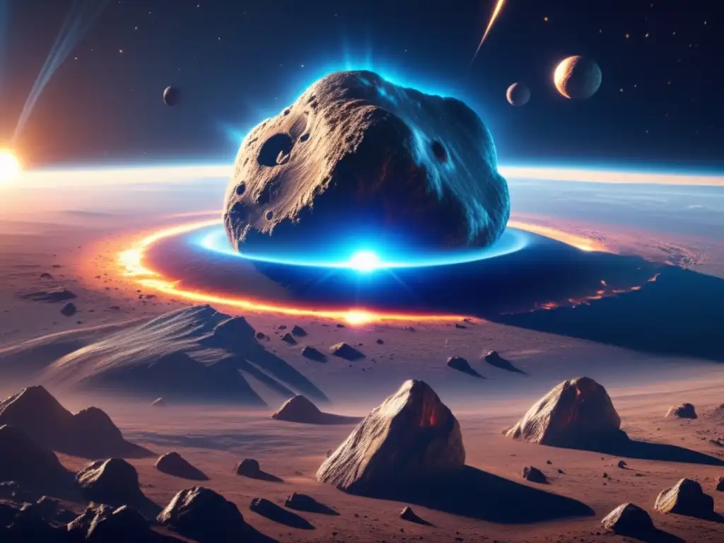Asteroide amenazante hacia la Tierra Impacto asteroides en la Tierra: Escena asombrosa de un asteroide masivo acercándose a nuestro planeta, mostrando su belleza y peligro