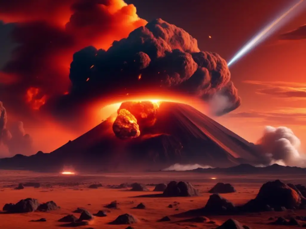 Devastador impacto de asteroide Impacto de asteroides en la tierra: escena catastrófica de un asteroide en llamas, cráter gigante, destrucción y urgencia