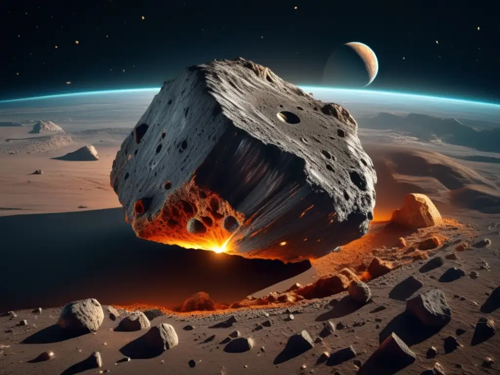 Estructura interna detallada de asteroide Impacto de asteroides en la tierra: Estructura interna detallada de un asteroide 8k, con capa rocosa, regolito y túneles intrincados