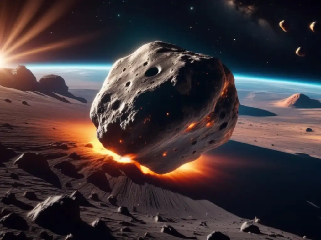 Impresionante asteroide en el espacio Impacto de asteroides en la Tierra y su explotación: Vista impresionante de un asteroide masivo en el espacio