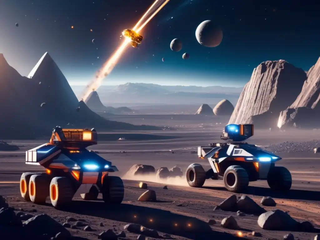 Impacto de asteroides en la Tierra: Futurista operación minera en asteroide, avanzada tecnología y actividad en base espacial