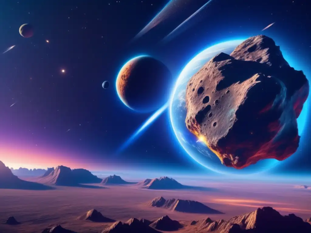 Impacto de asteroides en la tierra - Gran imagen 8k de un asteroide masivo en el espacio, iluminado por una estrella cercana, con la Tierra de fondo