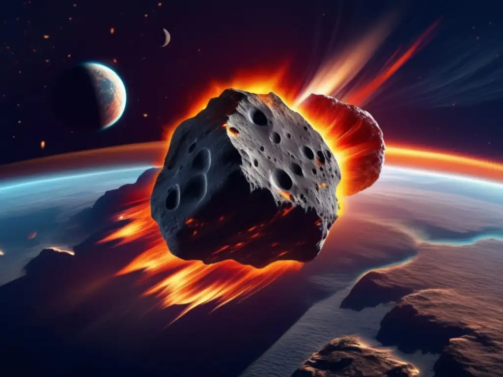 Asteroide masivo acercándose a la Tierra Impacto de asteroides en la tierra: Imagen detallada de un asteroide masivo acercándose a la Tierra, con una estela de fuego