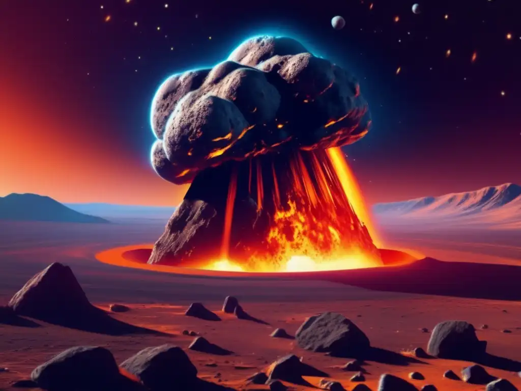 Asteroide ardiente se acerca a la Tierra Impacto de asteroides en la Tierra, imagen detallada de un gran asteroide rumbo a la Tierra, con superficie rugosa y marcada por cráteres