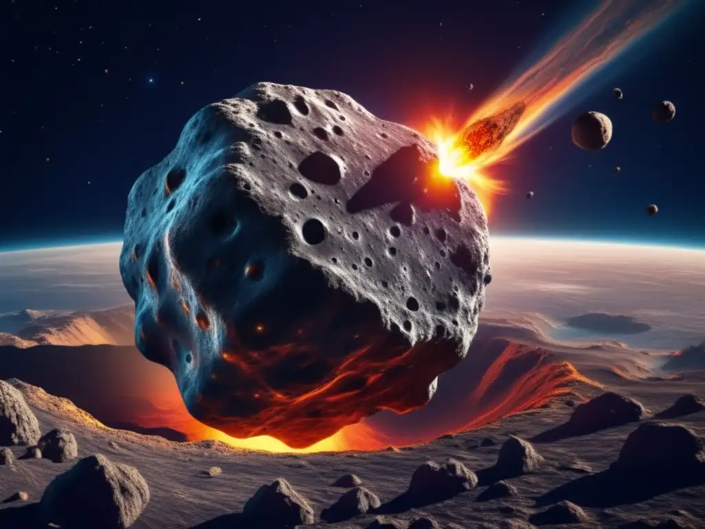 Asteroida amenaza a la Tierra Impacto de asteroides en la tierra: imagen 8k detallada de un asteroide masivo acercándose a la Tierra, con colores vibrantes y paisajes contrastantes