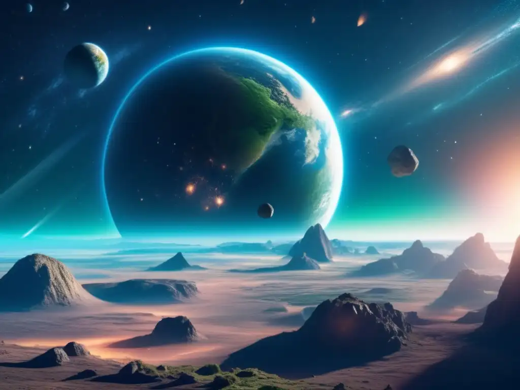 Impacto de asteroides en la Tierra: Imagen 8K impresionante del espacio, la Tierra flotando, asteroides majestuosos y nave espacial
