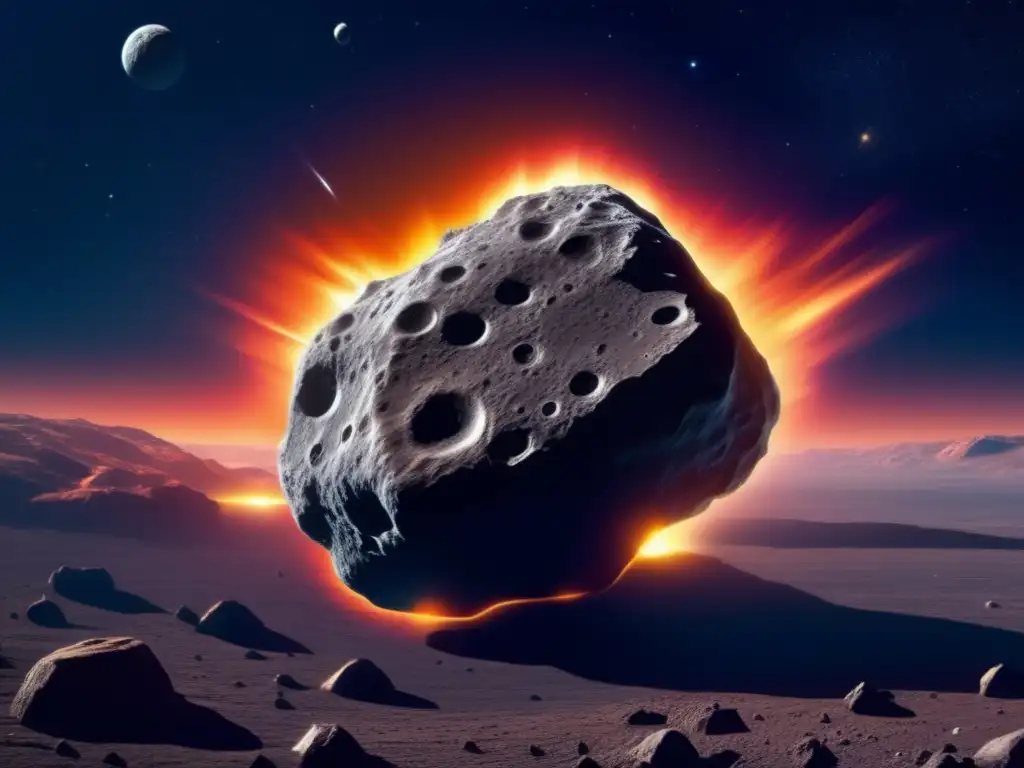 Asteroida masiva en el espacio Impacto de asteroides en la Tierra: una imagen impresionante de un asteroide masivo en el espacio, rodeado de una aura oscura y misteriosa, con terreno rocoso y cráteres de impacto, resaltando su inmensidad entre las estrellas