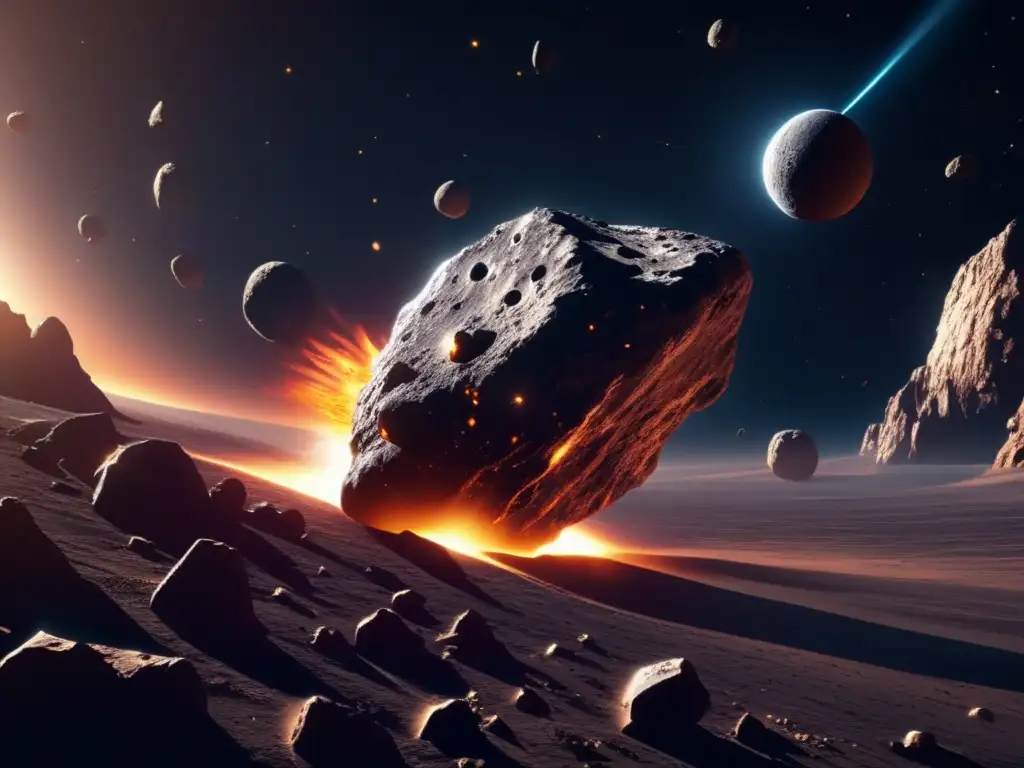Asteroida en el espacio iluminado por el sol Impacto de asteroides en la Tierra: Imagen asombrosa de un asteroide en el espacio, con el sol iluminando su superficie rugosa y rodeado de escombros