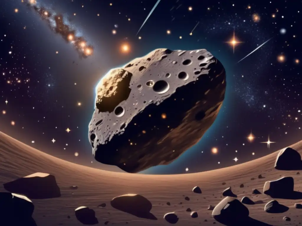 Asteroide en el espacio Impacto de los asteroides en la tierra: impresionante imagen de un asteroide en el espacio, con superficie rocosa y cráteres, rodeado de estrellas y galaxias