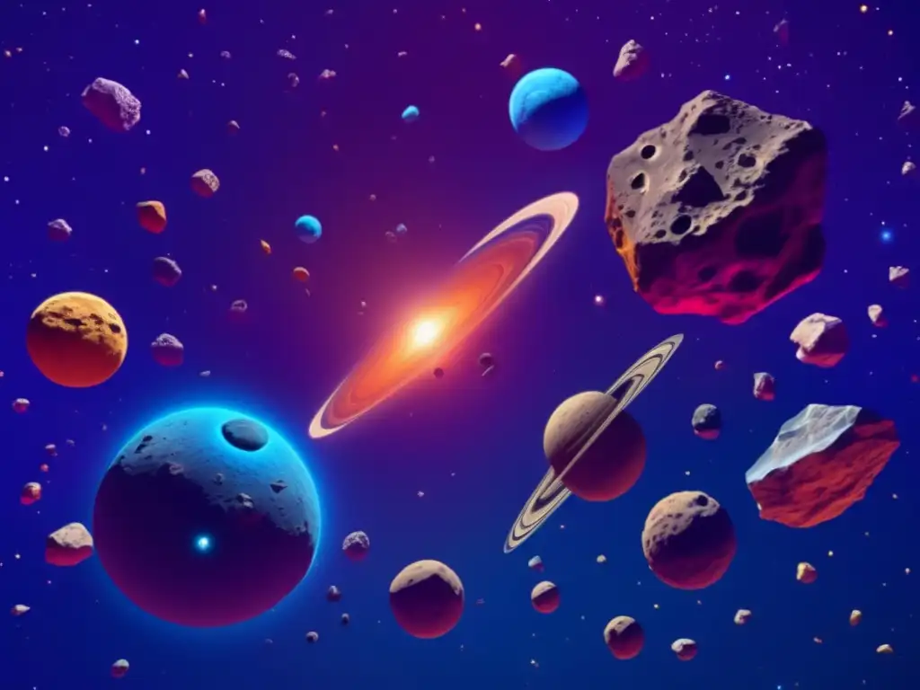 Asteroidas coloridos flotando en el espacio Impacto asteroides tierra lunas en el vasto espacio, con asteroides de distintos tamaños y formas flotando en el vacío