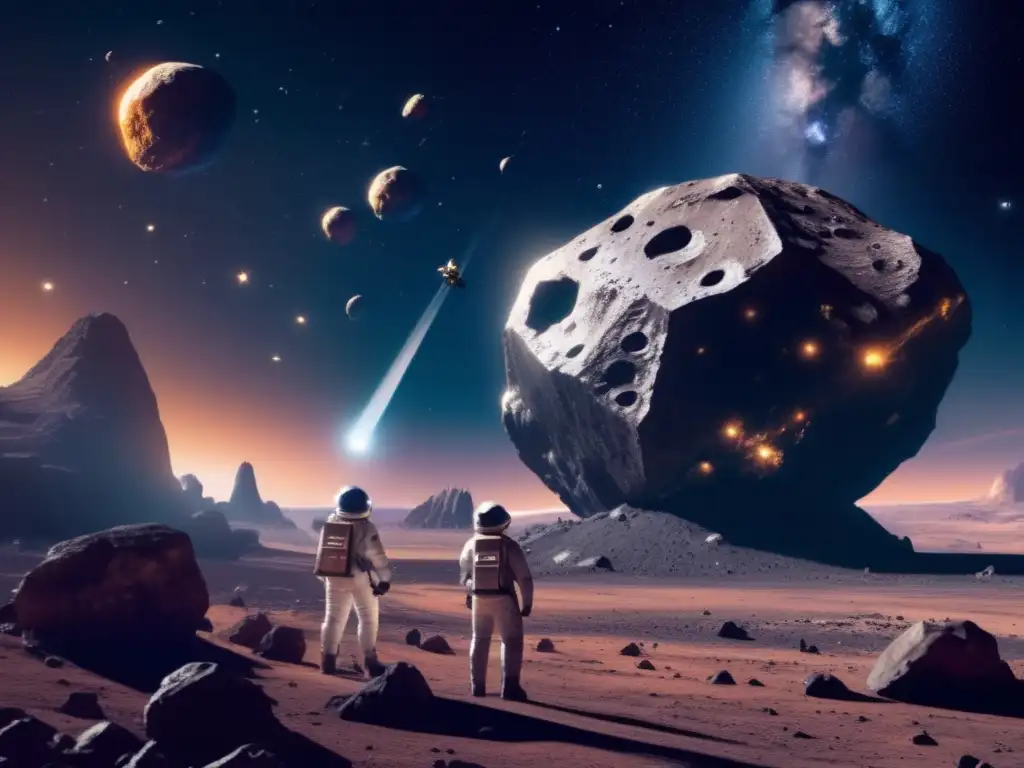 Futuro minero de asteroides- Impacto asteroides tierra lunas: Explotación futurista de asteroides, mineros espaciales extraen recursos preciosos en el cosmos