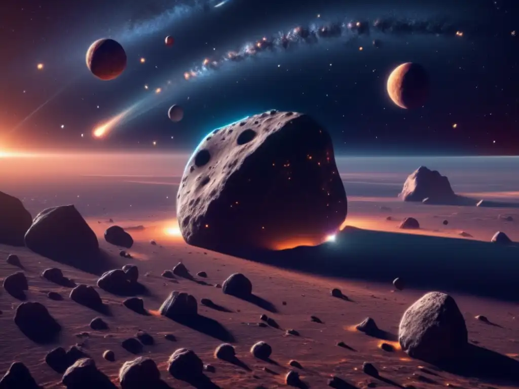 Sistema binario de asteroides Impacto asteroides tierra lunas: imagen 8k detallada de un sistema binario de asteroides rodeado de estrellas y galaxias
