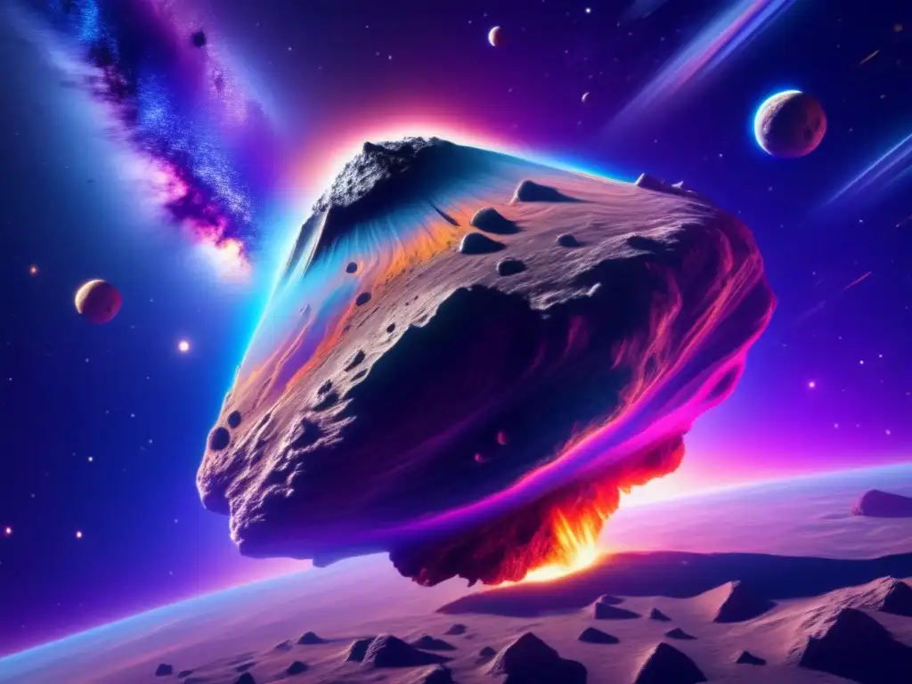 Asteroida masiva se acerca a la Tierra Impacto asteroides en tierra: Majestuoso asteroide 8k en ruta hacia la Tierra, con superficie accidentada y vibrantes colores cósmicos