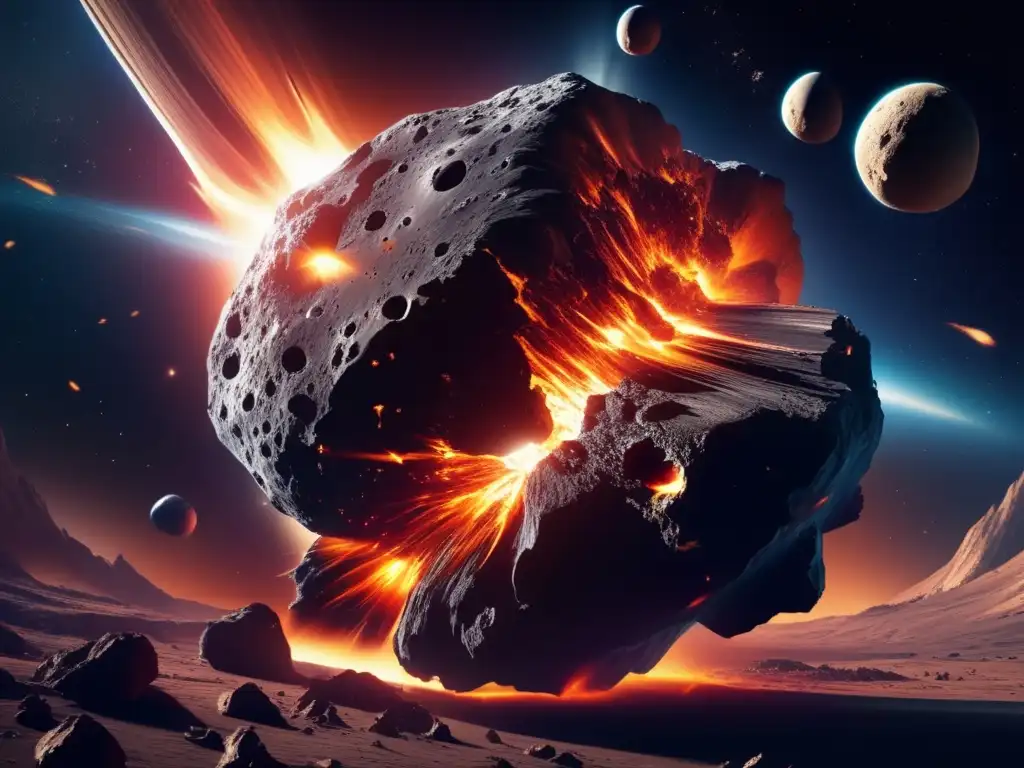 Colisión masiva de asteroides en el espacio Impacto de asteroides en la tierra: colisión masiva en el espacio con explosión dramática y vibrantes colores celestiales
