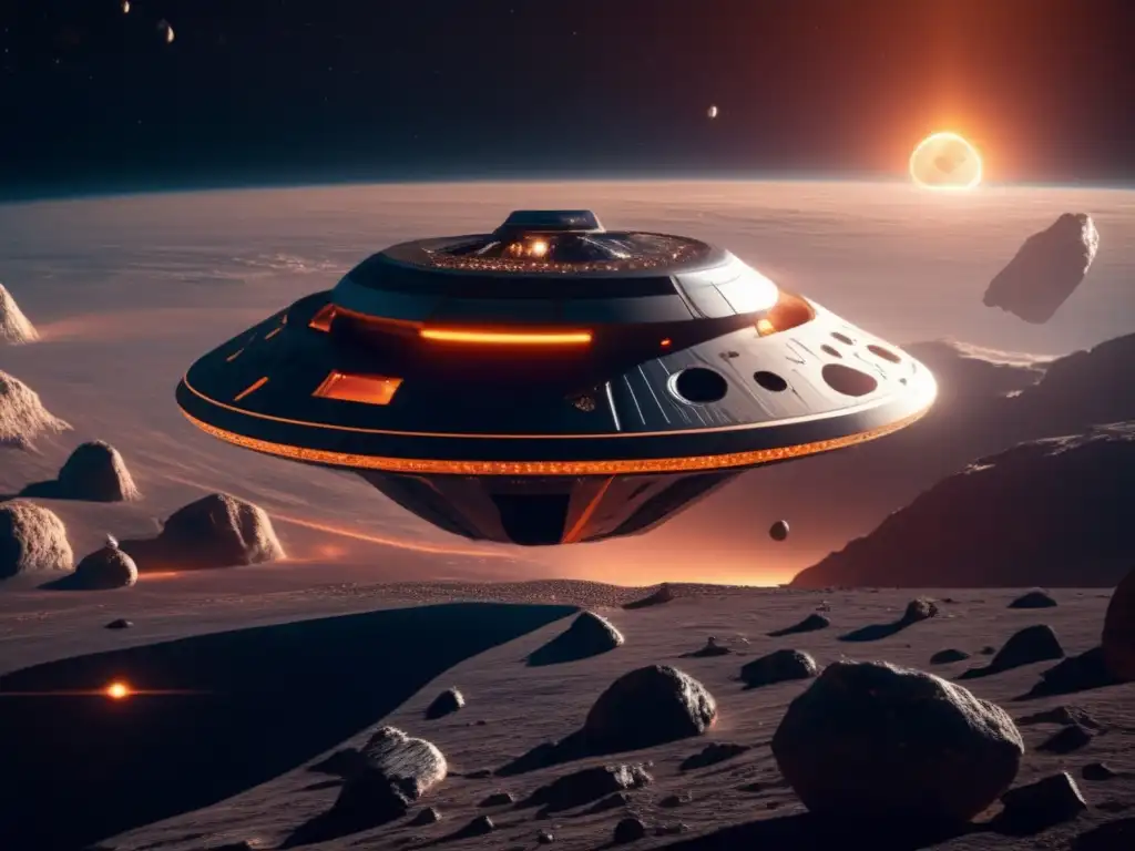 Impacto asteroides en la Tierra: nave espacial futurista cerca de asteroide en el espacio