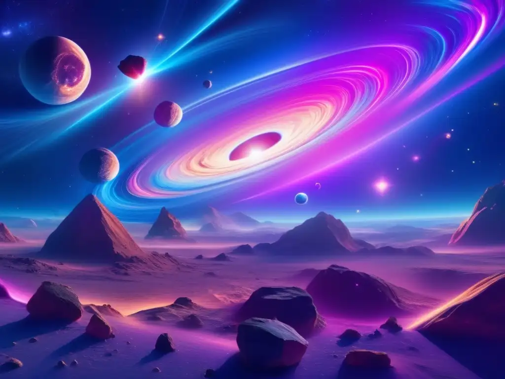 Nebulosa cósmica y asteroides en órbita Impacto de asteroides en la tierra: Nebulosa cósmica de colores vibrantes con asteroides orbitando una estrella