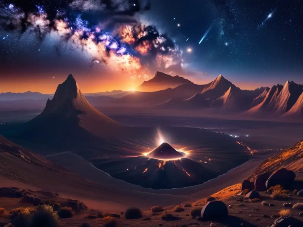 Impresionante impacto de asteroide en la noche Impacto asteroides en la Tierra: noche estrellada con montañas, valles y un asteroide en colisión, poder y maravilla