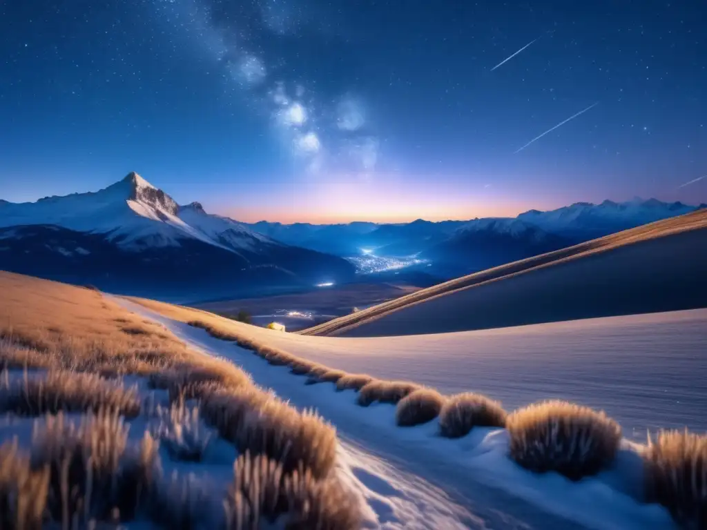 Paisaje nocturno con meteorito Impacto de asteroides en la tierra: Paisaje nocturno con meteorito en ruta