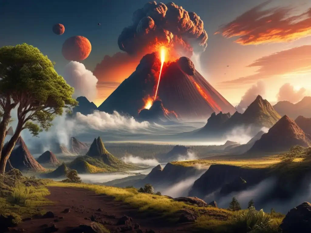Paisaje prehistórico con impacto de asteroide Impacto de asteroides en tierra: paisaje prehistórico, montañas imponentes, caos y urgencia con dinosaurios huyendo
