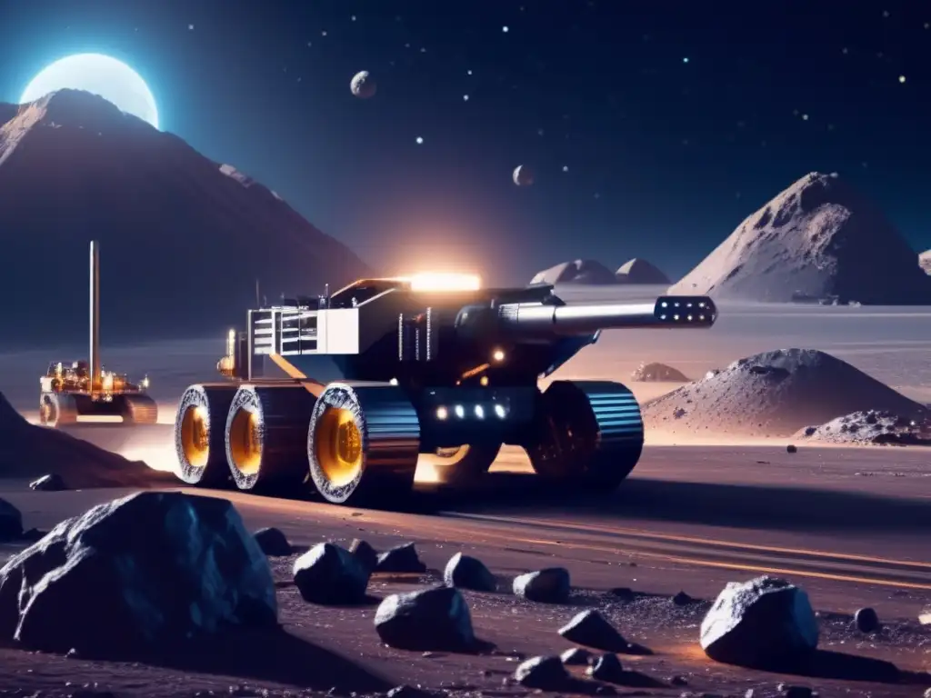 Minería espacial: Extracción de minerales y metales en asteroide Impacto asteroides tierra, recursos: minas robóticas en asteroide, maquinaria avanzada extrayendo minerales y metales valiosos