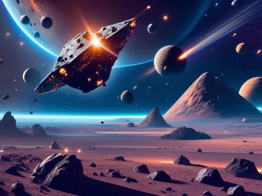 Minero espacial extrae recursos de asteroide enorme Impacto asteroides tierra universo: Nave minera cerca de asteroide metálico, extrae recursos en vasto espacio estelar