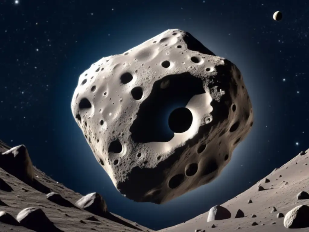 Asteroide amenazante en el espacio Impacto de asteroides en la tierra: vista impresionante de un asteroide masivo acercándose con cráteres y formaciones rocosas