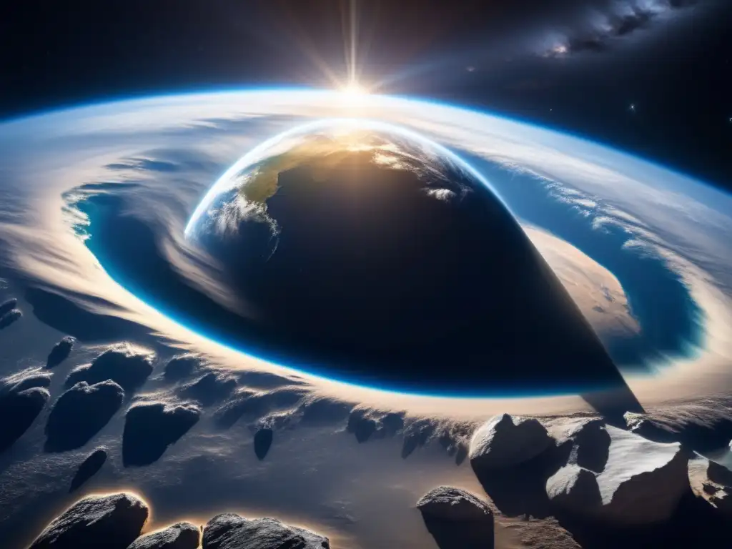 Vista impresionante de la Tierra desde un asteroide Impacto de asteroides en la Tierra: Vista asombrosa del espacio, con un asteroide acercándose a la Tierra, resaltando sus detalles y colores cósmicos