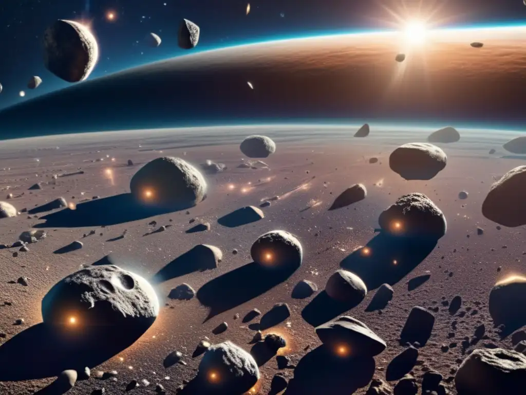 Impresionante vista de un cinturón de asteroides en el espacio Impacto asteroides en la Tierra: Vista impresionante del cinturón de asteroides en el espacio, con diversidad y belleza asombrosa
