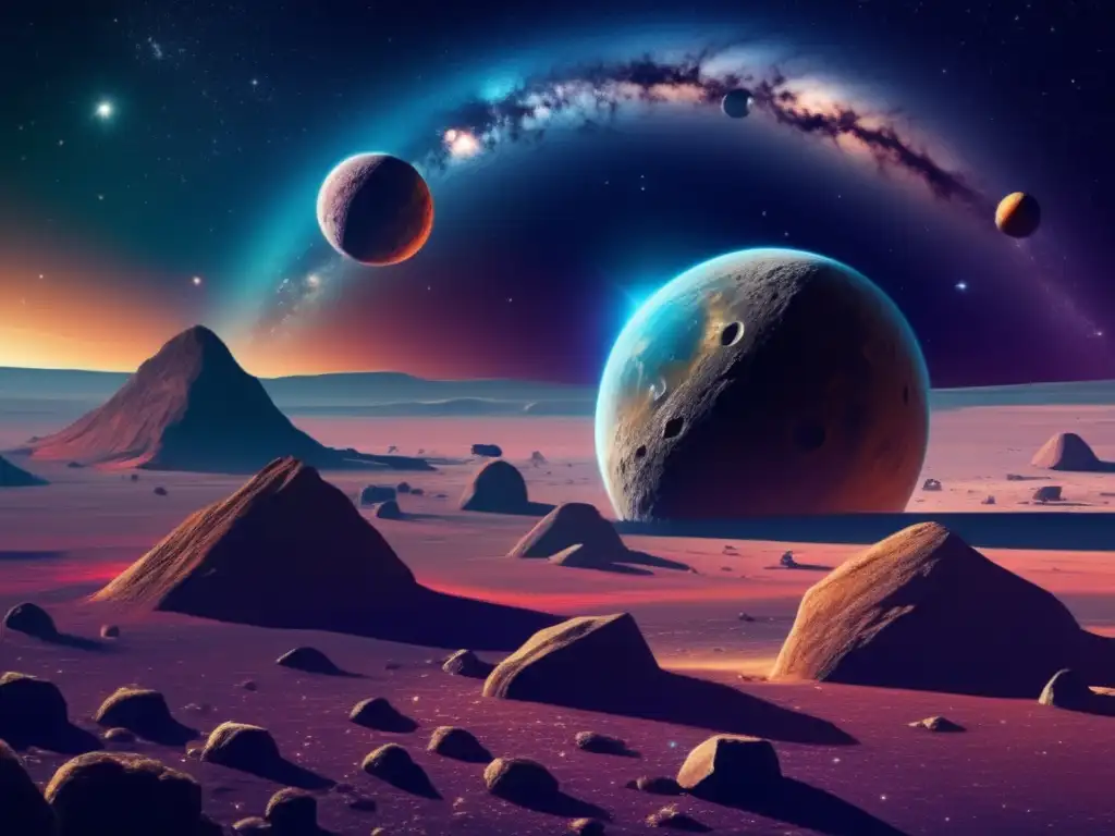 Impresionante vista del cinturón de asteroides Impacto de asteroides en la tierra: Vista impresionante del cinturón de asteroides y el gigante Eunomia