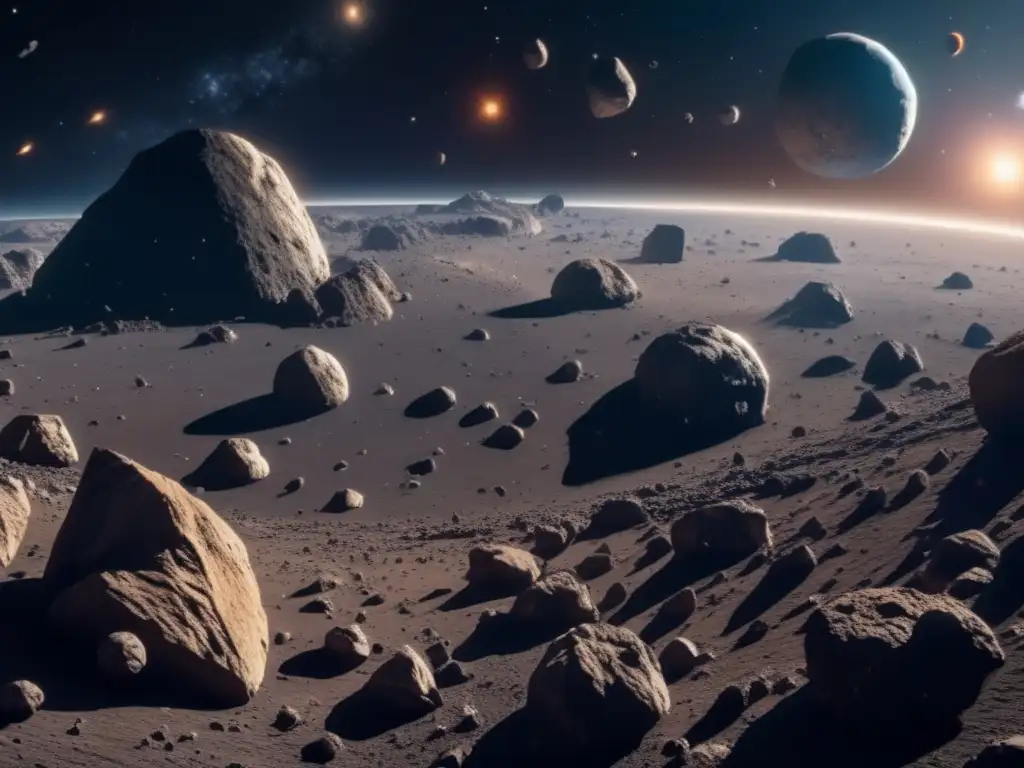 Espectacular campo de asteroides iluminado por el sol Impacto de los asteroides en la tierra: una vista asombrosa de un campo de asteroides en el espacio, con detalles ultra detallados en 8k