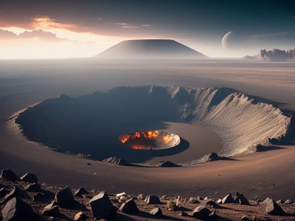 Impacto asteroides tipo C, paisaje postapocalíptico con cráter devastador y desolación