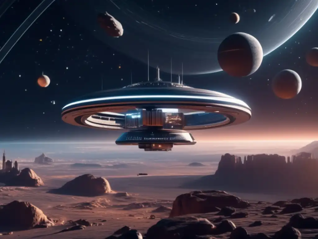 Estación espacial futurista y asteroides Impacto asteroides tipo C tecnología en estación espacial futurista en el espacio