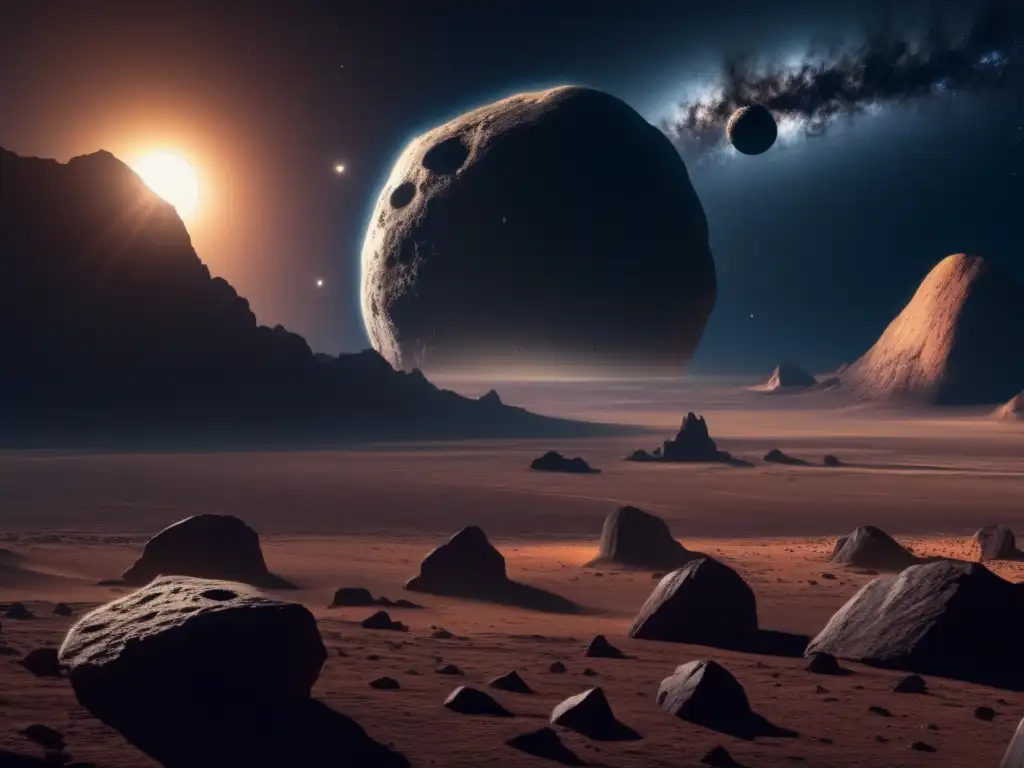 Impacto asteroides tipo C en Tierra: imagen 8k detallada del cielo estrellado con asteroide sombrío, texturas y caos