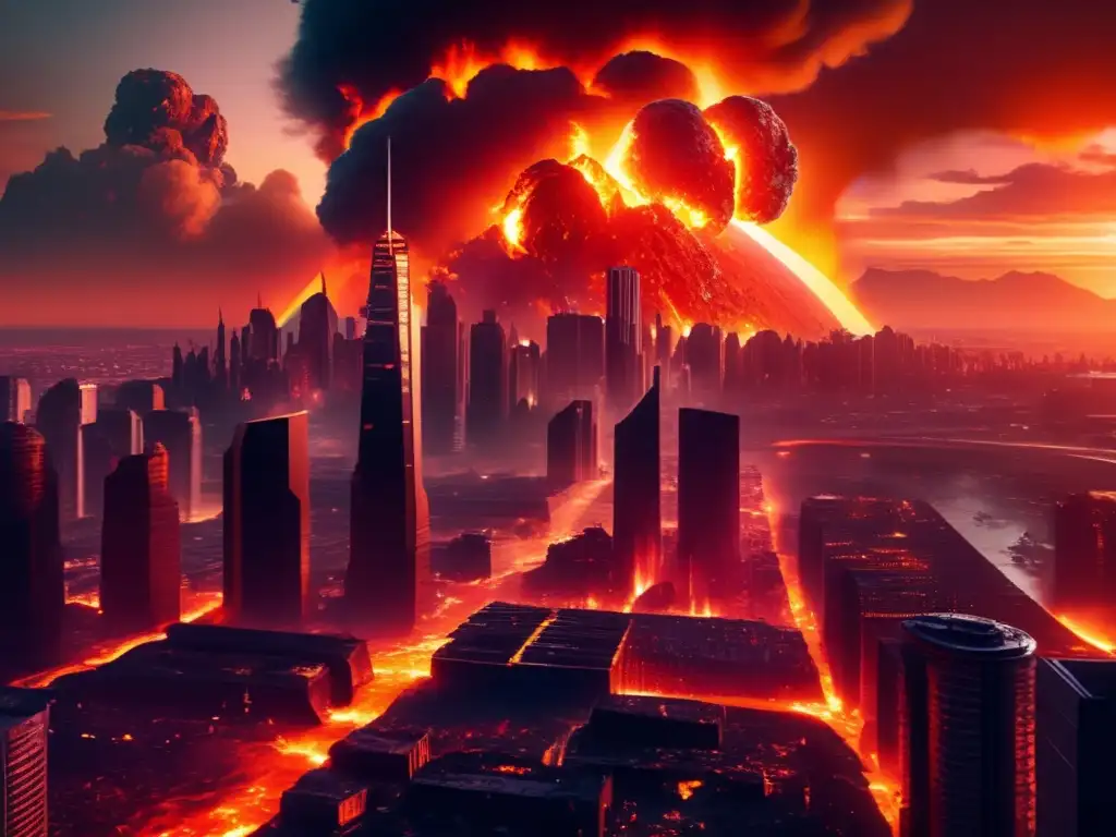 Ciudad futurista en ruinas con asteroides Impacto asteroides videojuegos ciencia ficción: Futuro urbano arrasado por asteroide en llamas, con rascacielos derrumbados y una ciudad en caos
