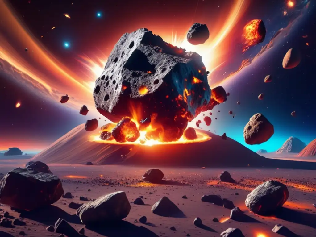 Colisión de asteroides en VR Impacto de asteroides en VR: Escena virtual de colisión entre dos asteroides en el espacio, con colores vibrantes y detalles texturizados