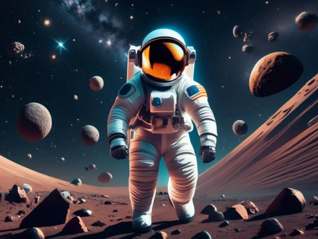 Astronauta flotando en asteroides Impacto: Astronauta en traje espacial flota sobre asteroides en un paisaje desolado, con visor reflejando estrellas y galaxias distantes