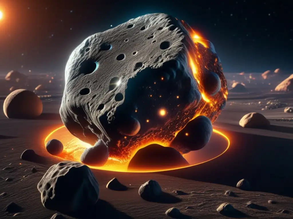 Asteroide orgánico: texturas y procesos químicos Impacto compuestos orgánicos en asteroides: imagen 8k detallada de asteroide carbonáceo con texturas y procesos químicos, rodeado de brillo atmosférico