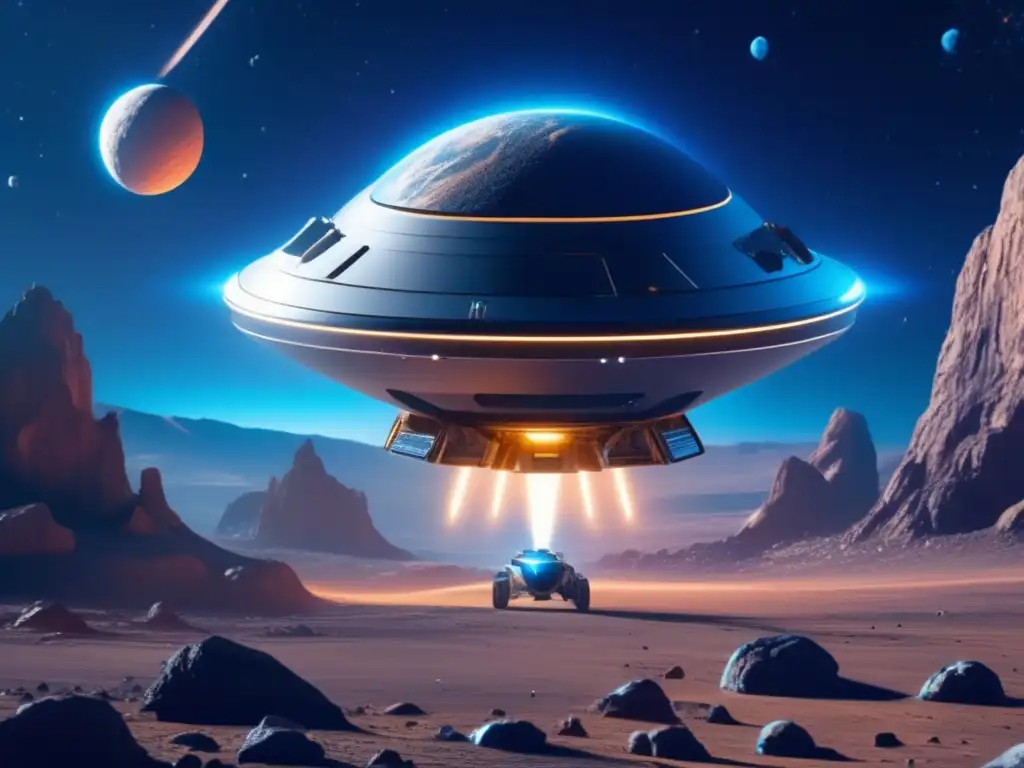 Sonda espacial recolectando muestra de asteroide Impacto de compuestos orgánicos en asteroides: Sonda espacial futurista recolectando muestra en campo de asteroides