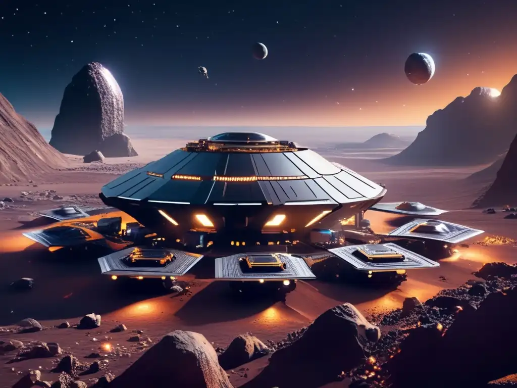 Impacto cultural asteroides: Colonia minera futurista en asteroide con estructuras metálicas, minas y transporte de recursos