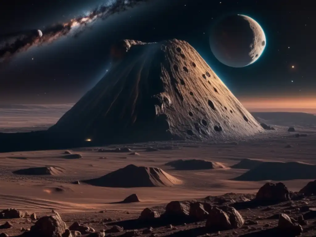 Asteroide C: Impacto cósmico y exploración Impacto cultural asteroides tipo C: Monolito espacial 8k detallado muestra formaciones geológicas, cráteres y textura rocosa